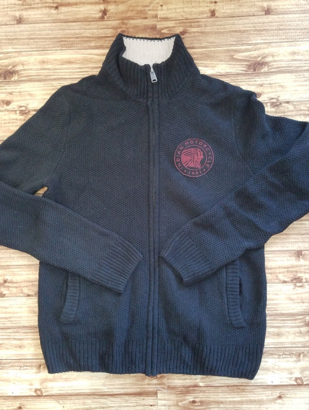 Lucky Brand Indian Motorcycle Mens Small Black Full Zip Knit Sweater Jacket